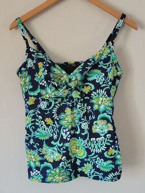Lands' End Navy Floral Swim Top with Teal & Lime Accents